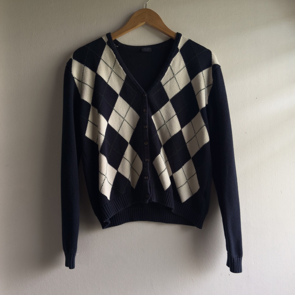 J. Galt Argyle Knit Button Cardigan Women One Size Navy Blue Preppy Academia